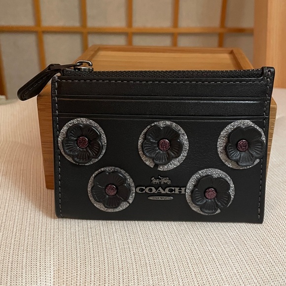 Coach Handbags - Coach Mini Skinny Id Case With Floral Applique Gunmetal/Black NWT